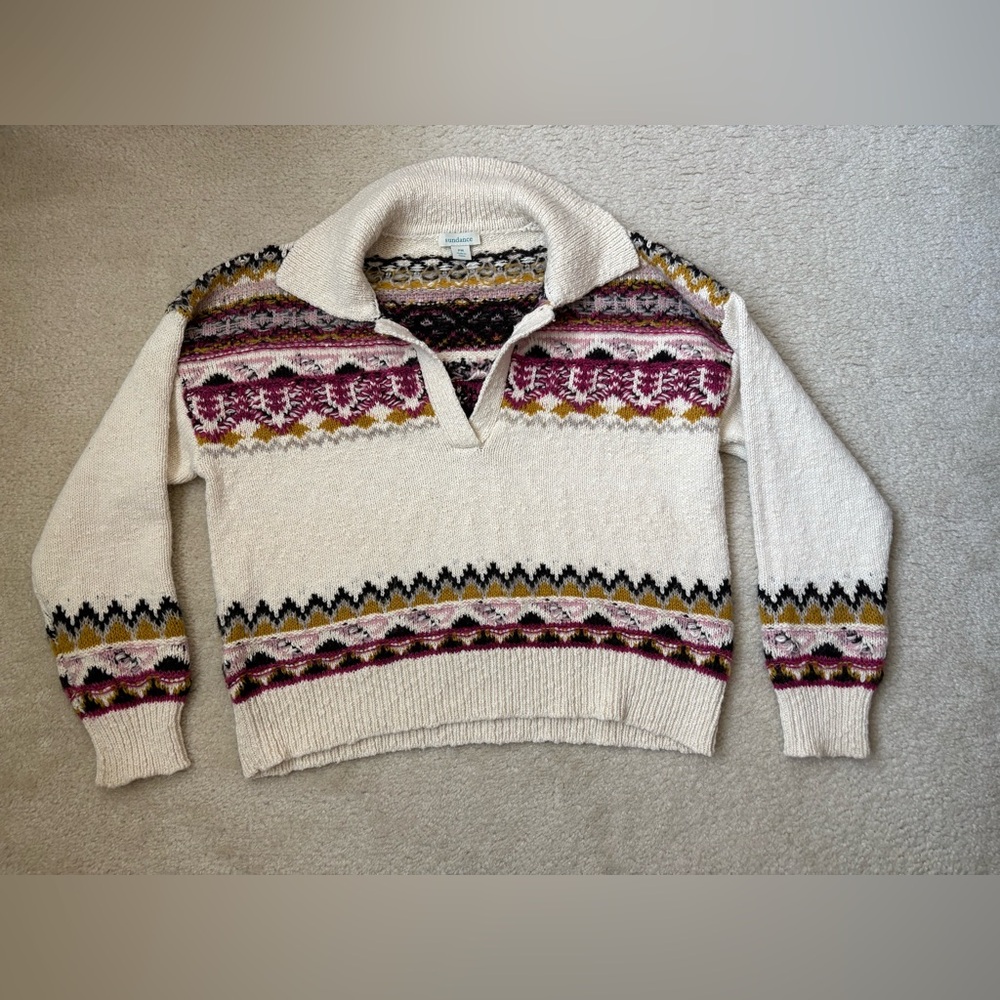 Sundance Woodland stag knit fair isle Nordic sweater, cotton wool blend, sz MP